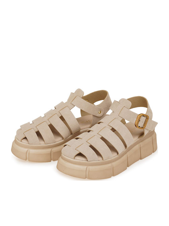 Leder Flache Damen Sandalen Flatforms Beiges