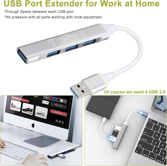 NSP N37 Hub 4 Porturi USB 3.0 cu Conectare USB-A Argintiu