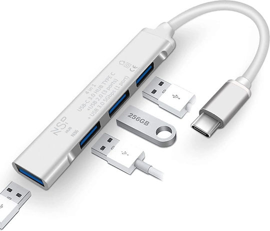 NSP N36 Hub 4 Θυρών USB 3.0 με σύνδεση USB-C Ασημί