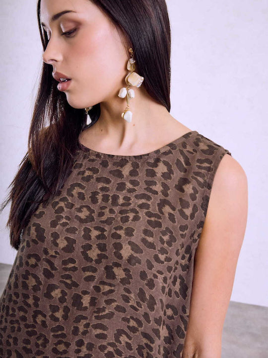 Celestino Rochie de Damă Midi Animal Print Loose Fit Maro