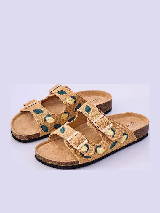 Celestino Flache Damen Sandalen Mit Stickerei Zitronen Kamel
