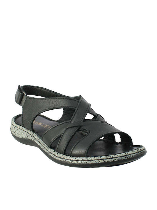 Leather Women's Flat Sandals in Black Color