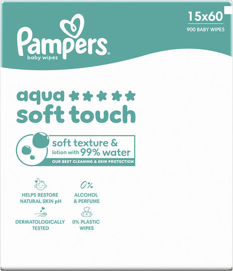 Pampers Aqua Soft Touch Baby Wipes with 99% Water Fragrance Free Alcohol-Free Parabens Free 15x60pcs