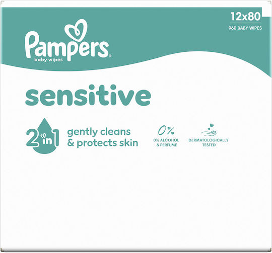 Pampers Sensitive Υποαλλεργικά Μωρομάντηλα χωρίς Οινόπνευμα & Parabens 12x80τμχ