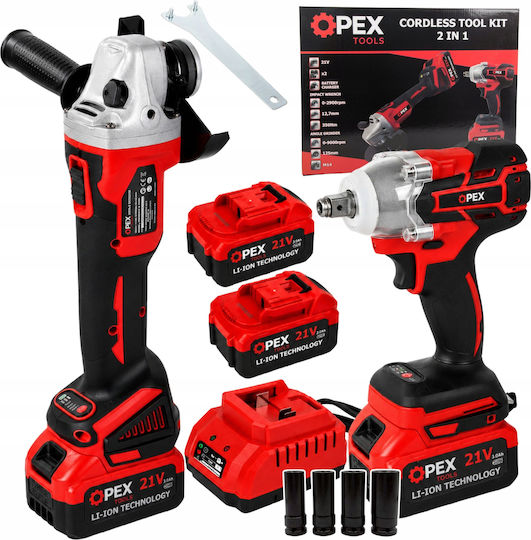 Verk Group Battery Powered Tool Set Angle Grinder & Impact Driver Brushless 21V with 2 Batteries 3Ah and Case