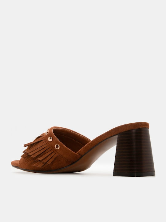 Suede Mules With Low Heel In Brown Colour