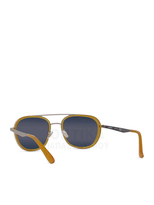 Men's Sunglasses with Transparent Horn-Rimmed Frame and Blue Polarized Mirror Lenses