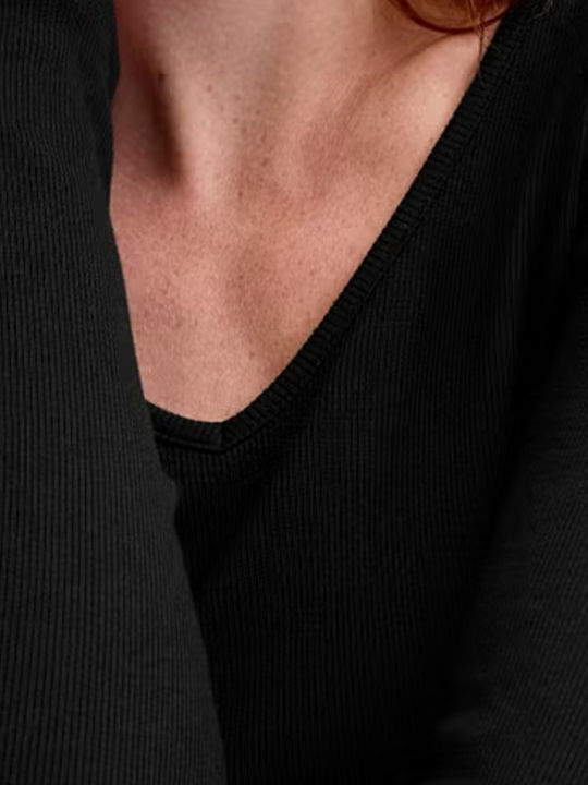 Women's Cotton Long Sleeve Blouse with V-Neck Black