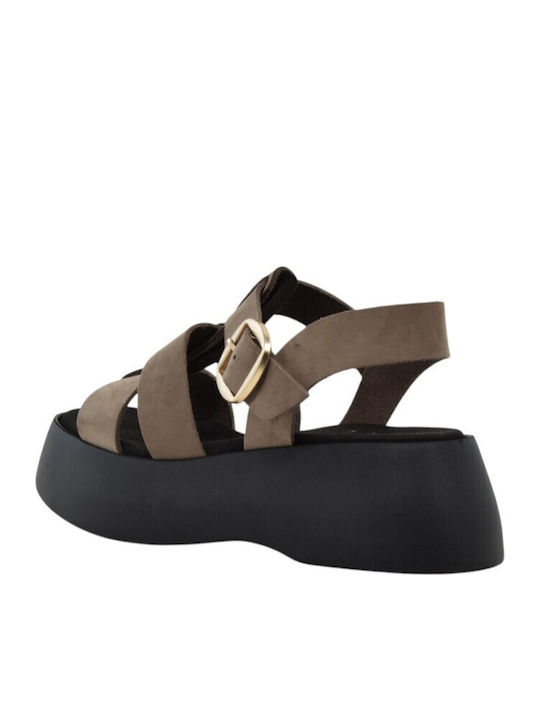 Leather Women's Flat Sandals Beige 1610+Beige Nubuck Leather