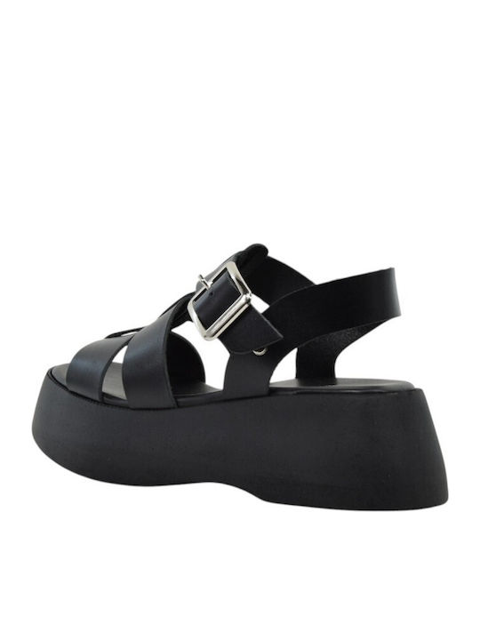 Leather Women's Flat Sandals Black 1610+Black Leather