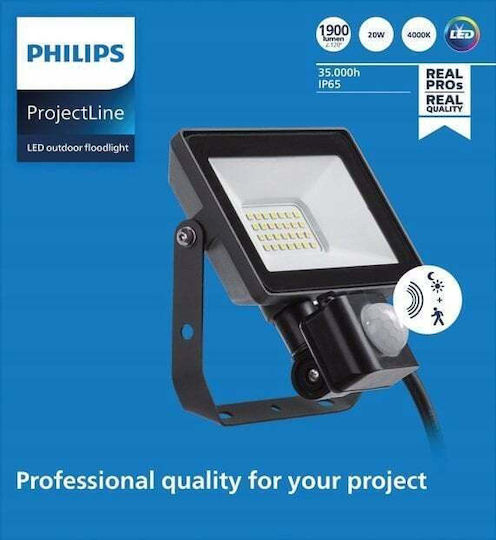 Philips Projectline Waterproof LED Floodlight 20W Natural White 4000K with Motion Sensor IP65
