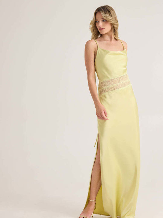 Summer Maxi Evening Slip Dress Satin with Mesh Yellow