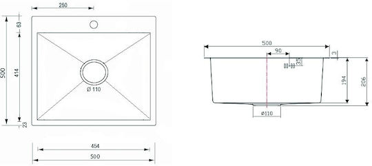 Sanitec Vision Вграден Кухненски Мивка Inox Гладко (Сатенено Покритие) Дължина 50xШирина 50см Черен