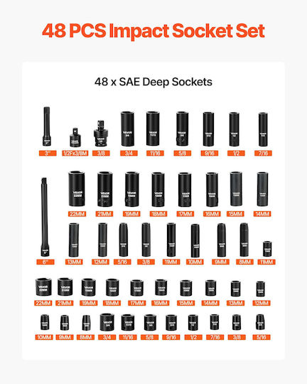 Vevor Комплект Ключови Гайки Ударни 3/8" 48 Бройки 6 Ъгъла Sae 5 16"-3 4" Метрични 8-22 Mm Удължител Адаптор Кутия Cjttzjcrvcz4aohc5001v0