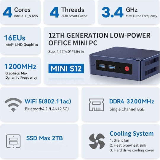 Beelink S12 Mini PC (N-Serie N95/12GB DDR4/480GB SSD/W11 Pro)