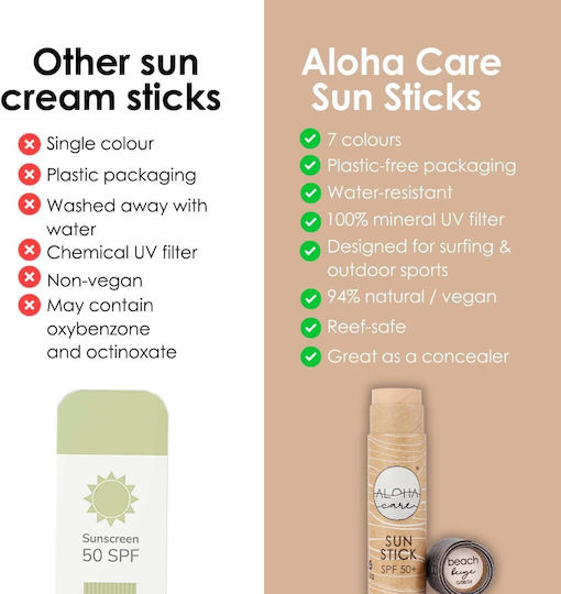Aloha Care Sonnencreme Stick Wasserdicht Gesicht Körper mit Farbe Baleal Bronze Dunkel Beige 20gr