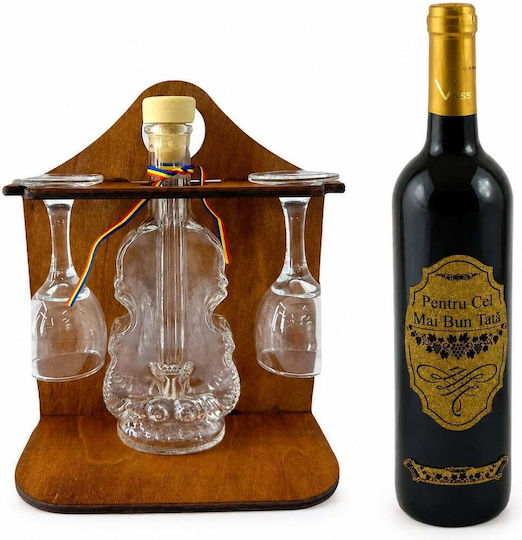 Set Premium Best Dad Minibar Rustic Din Lemn Sticlă În Formă De Vioară Două Pahare Pe Un Suport Vin Roșu Personalizat