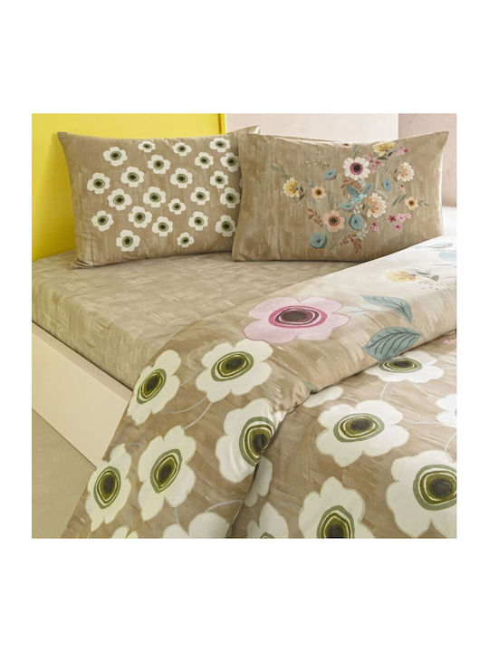 Tac Set Huse Pentru Pilote 100% Bumbac 200x220cm Dublu Cu 2 Fețe De Pernă & 1 Cearșaf Bej Model Floral