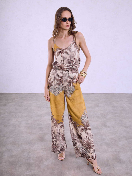 Celestino Women's Printed Pantaloons Pleats Loose Fit Mustard