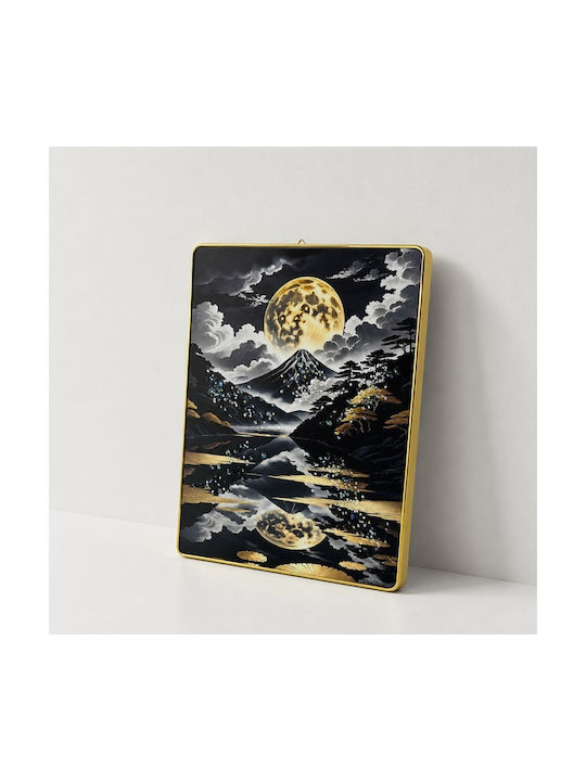 Pictură Decorativă Modernă Mount Fuji Lună Plină 3D Embosată Cristale Cadru Auriu 40x30 Cm
