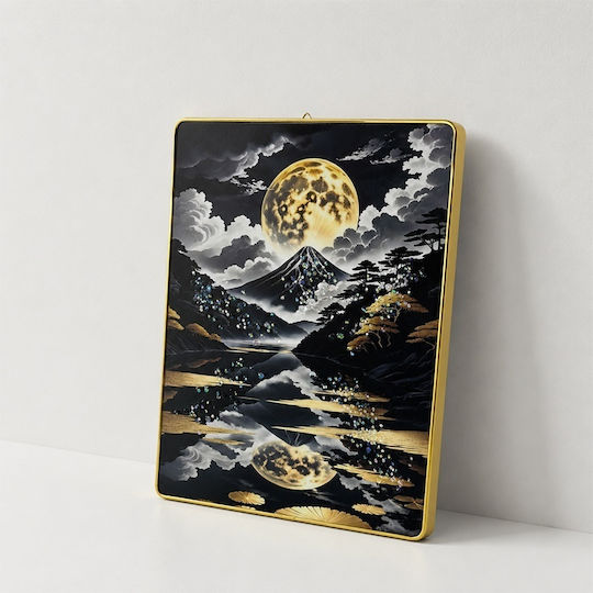 Pictură Decorativă Modernă Mount Fuji Lună Plină 3D Embosată Cristale Cadru Auriu 40x30 Cm