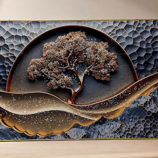 Decorative Painting Abstract Tree Life In Relief Crystal Applications In A Golden Frame 60x40 Cm