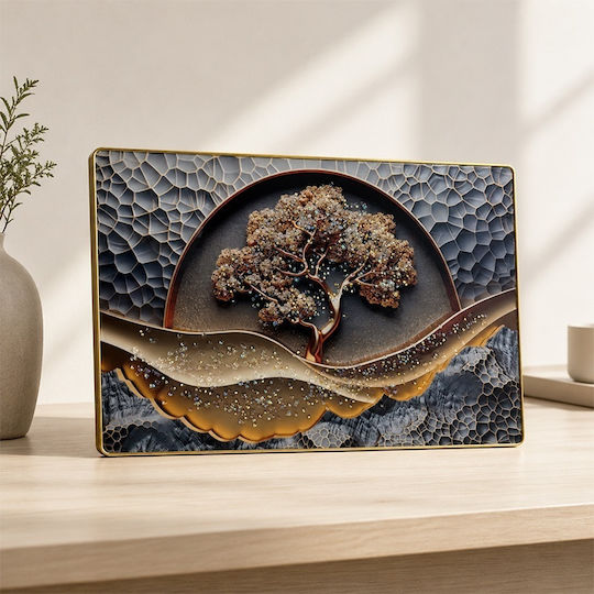 Decorative Painting Abstract Tree Life In Relief Crystal Applications In A Golden Frame 60x40 Cm