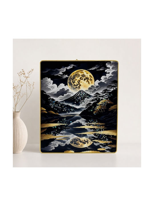 Pictură Decorativă Modernă Mount Fuji Lună Plină 3D Embosată Cristale Cadru Auriu 40x30 Cm