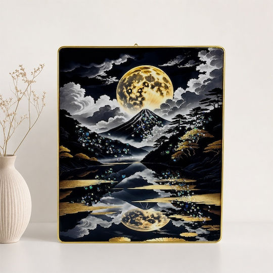 Pictură Decorativă Modernă Mount Fuji Lună Plină 3D Embosată Cristale Cadru Auriu 40x30 Cm