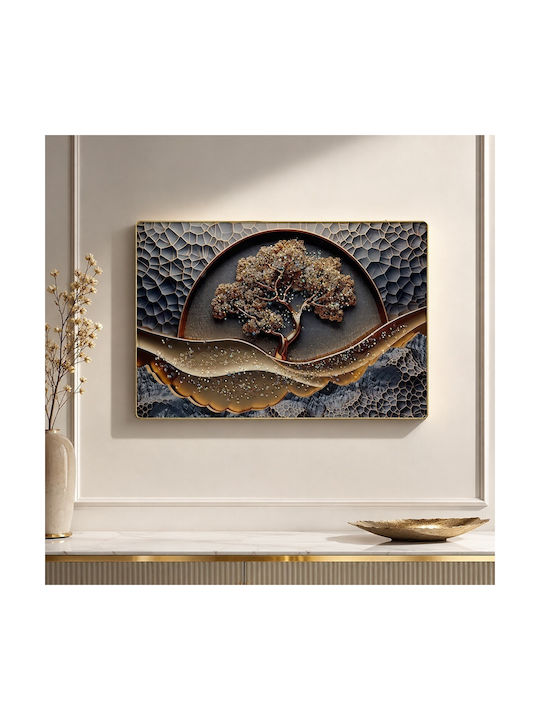 Pictură Decorativă Arbore Abstract Viață În Relief Aplicații Cristal În Cadru Auriu 60x40 Cm