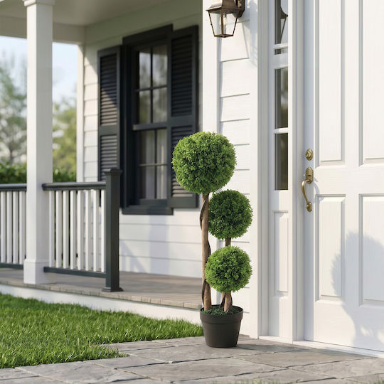 HomCom Set of 2 Artificial Boxwood Trees 3 Balls Pot Reinforced Base Height 90 cm Indoor & Outdoor Use 830-705v02yg