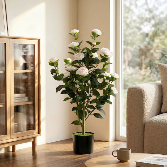 HomCom Artificial Camellia Realistic Flowers 176 Leaves Peva Black Pot Pp Cement White 83c-225v00wt