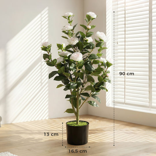 HomCom Artificial Camellia Realistic Flowers 176 Leaves Peva Black Pot Pp Cement White 83c-225v00wt