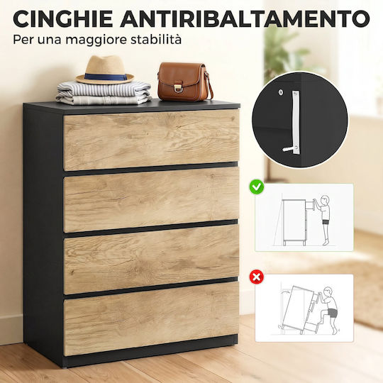 Kommode Schlafzimmer Holz mit 4 Schubladen Schwarz/Eiche 60x39x80cm