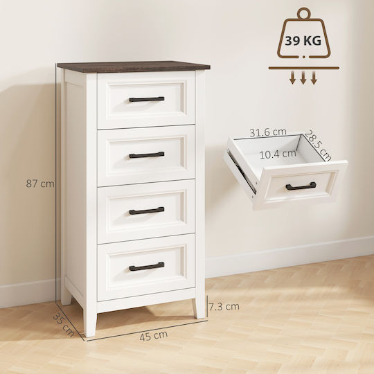 Chest of Drawers Wooden with 4 Drawers White 45x35x87cm