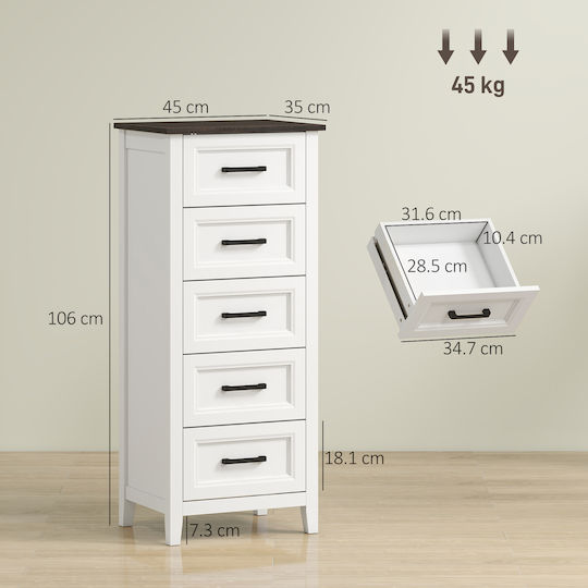 Chest of Drawers Wooden with 5 Drawers White 45x35x106cm