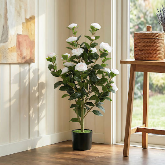 HomCom Artificial Camellia Realistic Flowers 176 Leaves Peva Black Pot Pp Cement White 83c-225v00wt