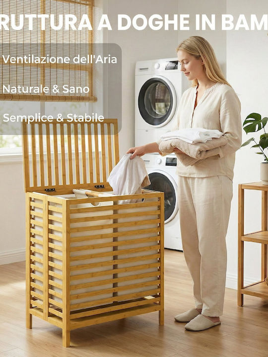 HomCom Кошница за пране Bamboo Сгъваема 64lt с Капак Бяла