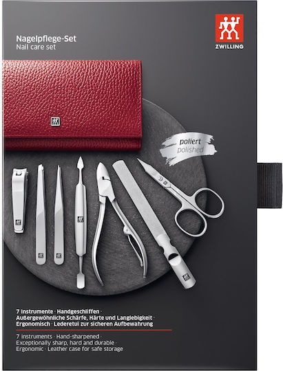 Zwilling J.A. Henckels Maniküre-/Pediküre-Set 7-teilig Lederportemonnaie Verbindungselemente Rot