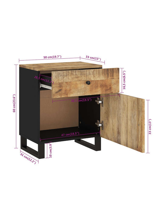 Wooden Bedside Table with Metal Legs Beige 50x33x60cm