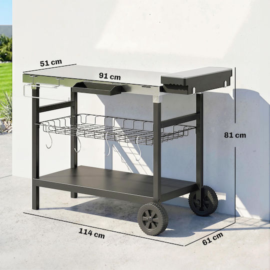 Outsunny Outdoor Barbecue Cart Bench Stainless Steel Spice Holder Hooks Side Handle Black 846-277v00bk