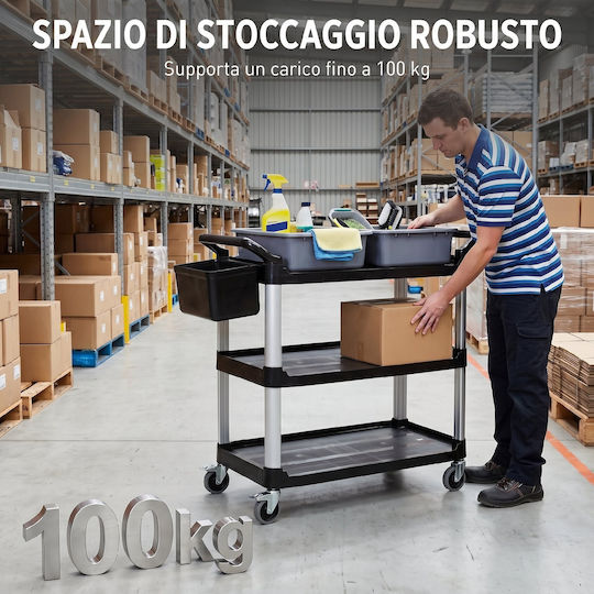 HomCom Professional Cleaning Trolley with 3 Shelves 2 Removable Buckets Side Bucket 4 Wheels Black 720-033v00bk