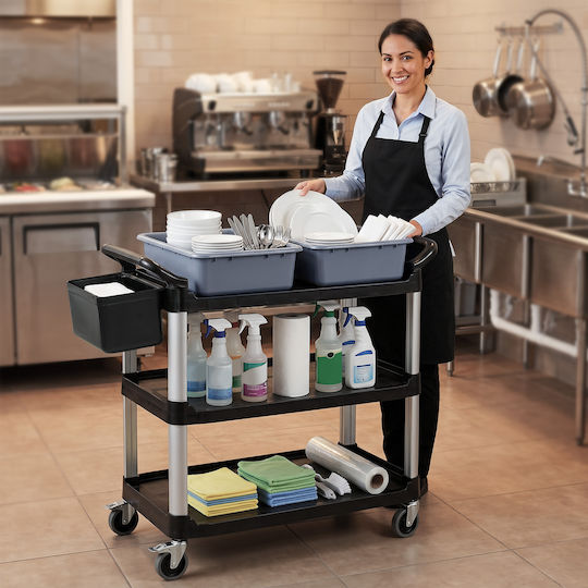 HomCom Professional Cleaning Trolley with 3 Shelves 2 Removable Buckets Side Bucket 4 Wheels Black 720-033v00bk