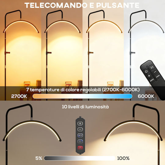 Homcom Επιδαπέδια Λάμπα Led Κεφαλή Μισοφέγγαρο Ρυθμιζόμενο Ύψος Θερμοκρασία Χρώματος Τηλεχειριστήριο Μαύρη B31-604v90bk