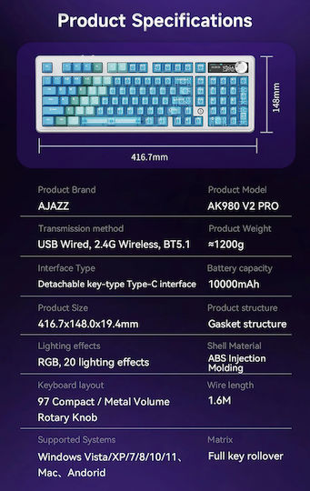 Ajazz AK980 V2 Pro Ασύρματο Gaming Μηχανικό Πληκτρολόγιο 98% με RGB φωτισμό (Αγγλικό US) Gradient Blue Transparent
