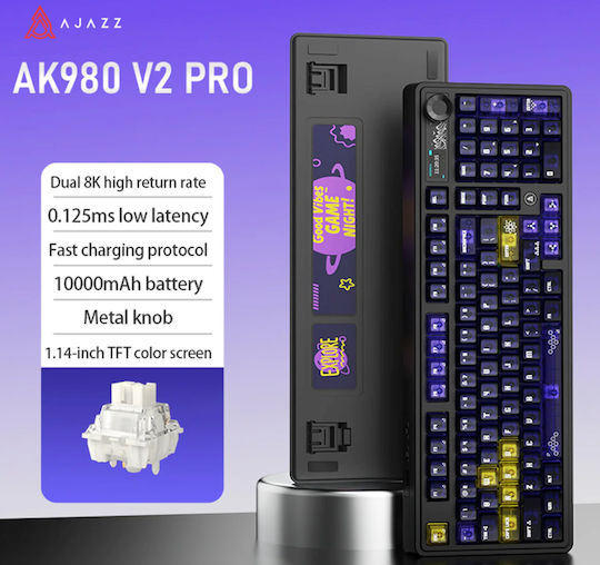 Ajazz AK980 V2 Pro Wireless Gaming Mechanical Keyboard 98% with RGB Lighting English US Transparent Yellow-Purple Dark Purple