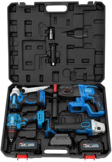 Cordless 4-in-1 Power Tool Kit Angle Grinder, Drill Driver, Impact Driver & Hammer 68V with 2 Batteries and Case