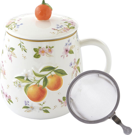 Easylife Fancy Fruit Mug Made of Porcelain With Lid in Various Orange Designs 450ml (Various Designs)