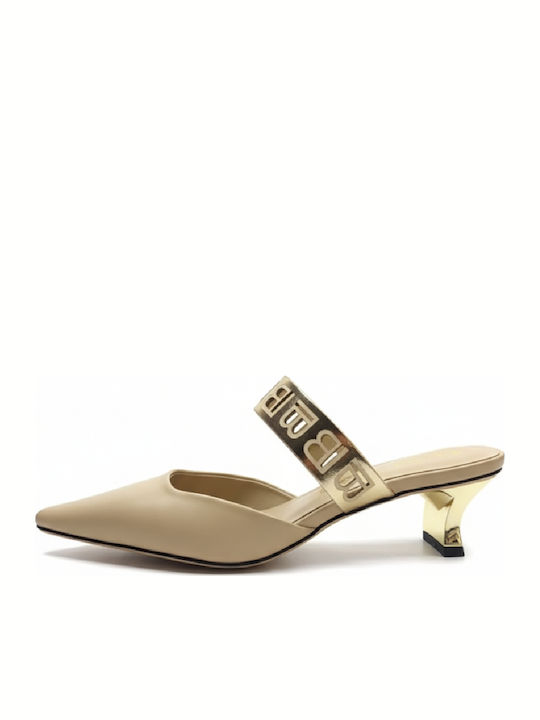 Mules With Low Heel In Beige Colour