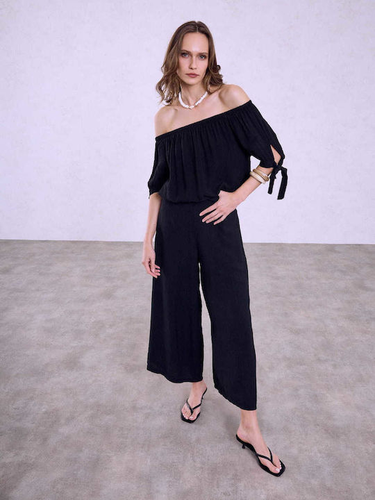 Celestino Pantaloni Largi Crop Talie Înaltă Lejeri Fit Negri